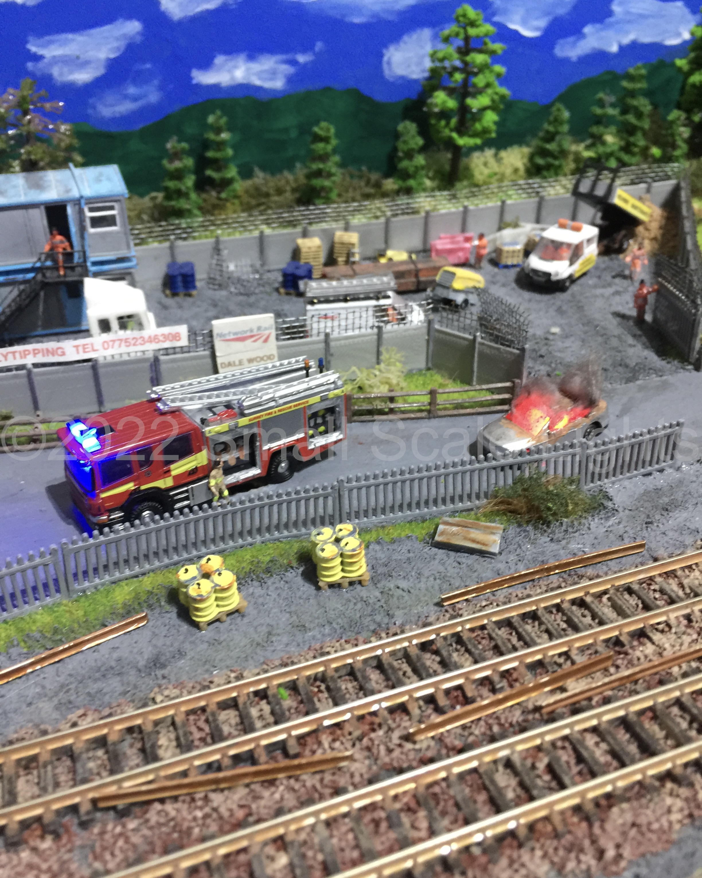 Model Railway diorama with fire effects